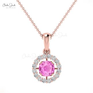 Dual Birthstone Pendant In Solid 14k Gold Pink Sapphire And Dainty Diamond Halo Pendant