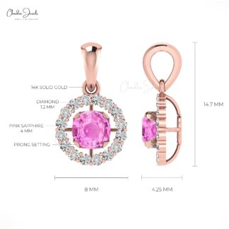 Dual Birthstone Pendant In Solid 14k Gold Pink Sapphire And Dainty Diamond Halo Pendant