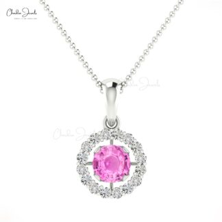 Dual Birthstone Pendant In Solid 14k Gold Pink Sapphire And Dainty Diamond Halo Pendant