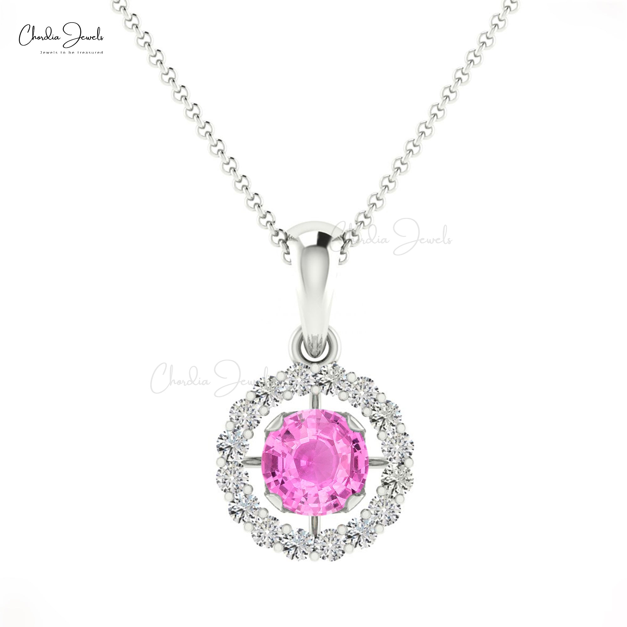 Dual Birthstone Pendant In Solid 14k Gold Pink Sapphire And Dainty Diamond Halo Pendant