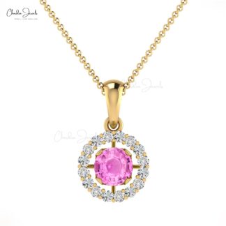 Dual Birthstone Pendant In Solid 14k Gold Pink Sapphire And Dainty Diamond Halo Pendant