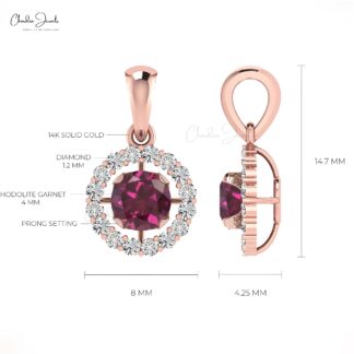 Halo Dual Birthstone Pendant With 4mm Rhodolite Garnet And Diamond 14k Gold Pendant