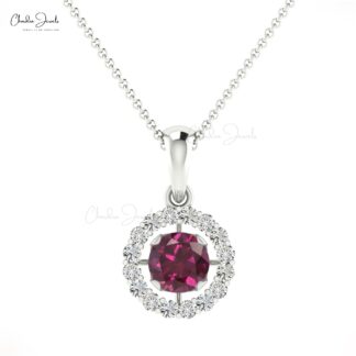 Halo Dual Birthstone Pendant With 4mm Rhodolite Garnet And Diamond 14k Gold Pendant