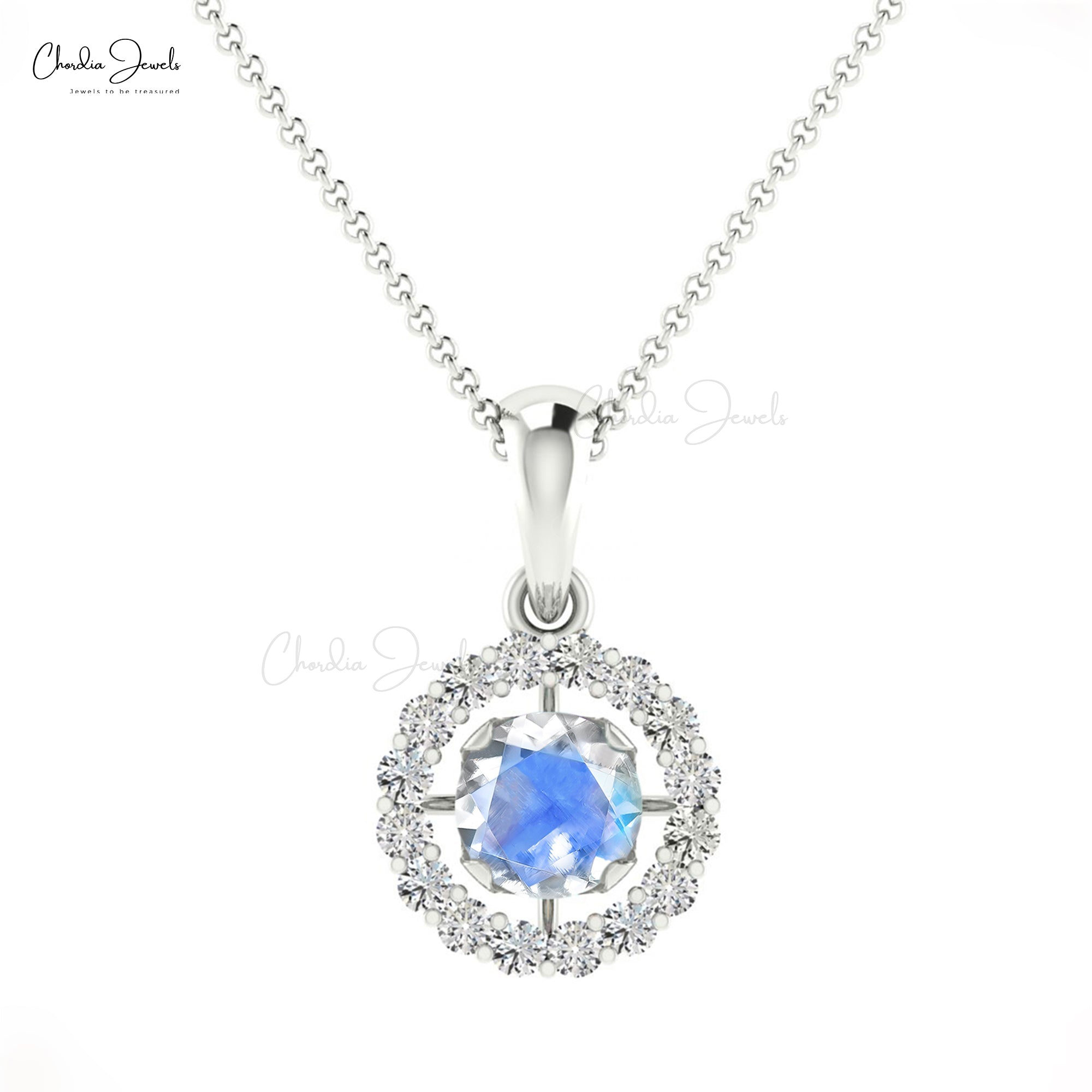 Natural Moonstone Halo Pendant With Pave Diamond 14k Solid Gold Birthstone Necklace
