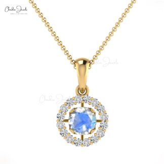 Natural Moonstone Halo Pendant With Pave Diamond 14k Solid Gold Birthstone Necklace