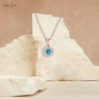 Genuine Swiss Blue Topaz Halo Pendant in 14k Solid Gold Dainty Diamond Circle Necklace