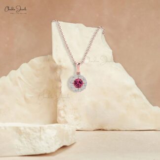 Real 14k Gold Dangle Pendant In 0.25 Ct Pink Tourmaline And Diamond Halo Necklace For Her