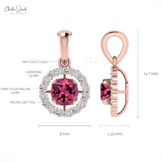 Real 14k Gold Dangle Pendant In 0.25 Ct Pink Tourmaline And Diamond Halo Necklace For Her
