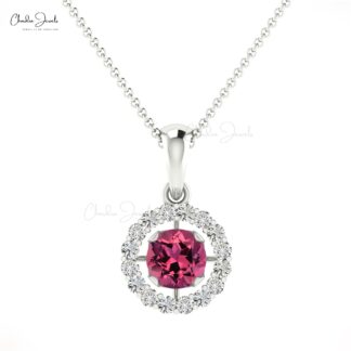 Real 14k Gold Dangle Pendant In 0.25 Ct Pink Tourmaline And Diamond Halo Necklace For Her
