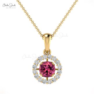 Real 14k Gold Dangle Pendant In 0.25 Ct Pink Tourmaline And Diamond Halo Necklace For Her