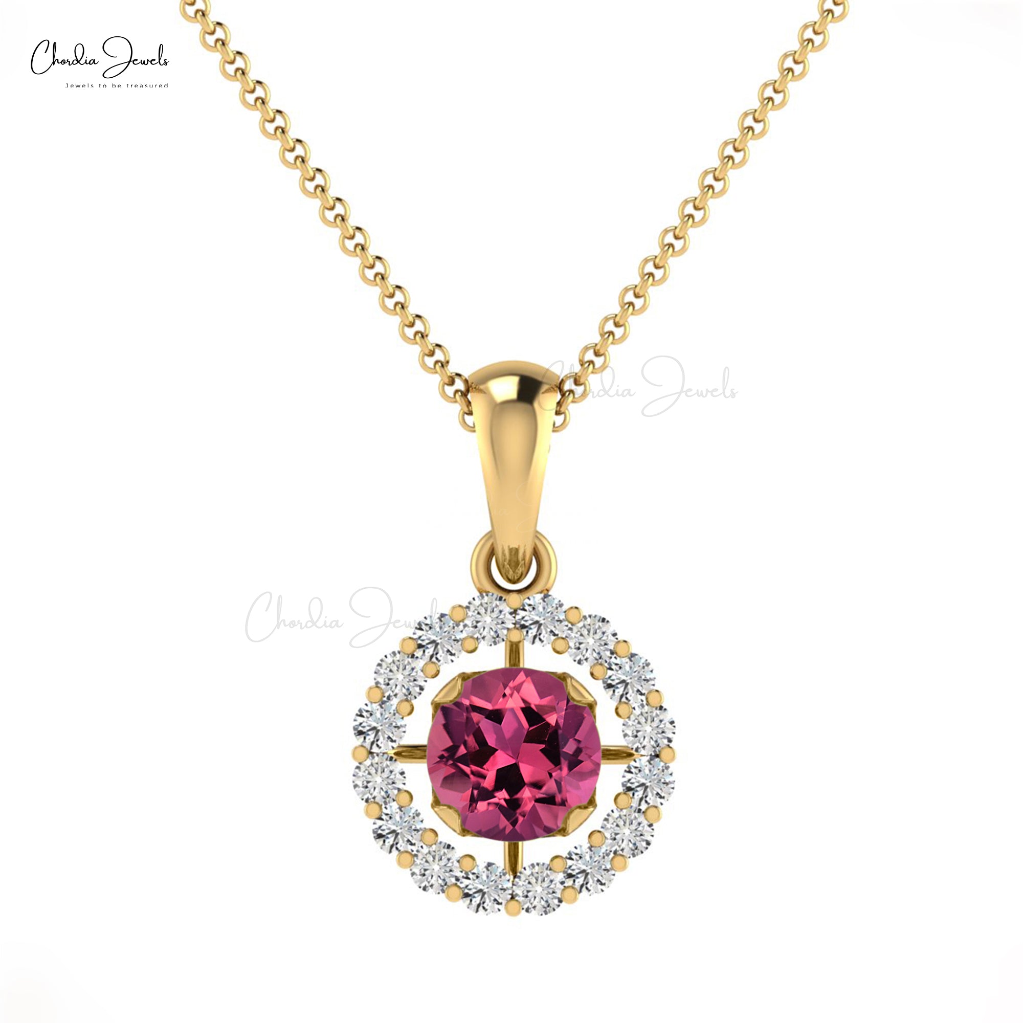 Real 14k Gold Dangle Pendant In 0.25 Ct Pink Tourmaline And Diamond Halo Necklace For Her