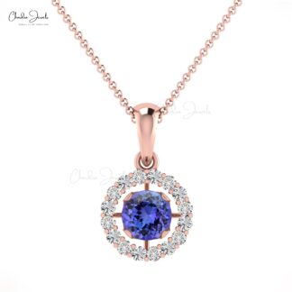Elegant Ladies White Diamond Pendant Necklace 4mm Round Authentic Blue Tanzanite Halo Pendant in 14k Real Gold Minimalist Jewelry For Gift