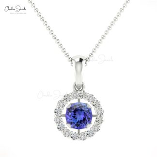 Elegant Ladies White Diamond Pendant Necklace 4mm Round Authentic Blue Tanzanite Halo Pendant in 14k Real Gold Minimalist Jewelry For Gift