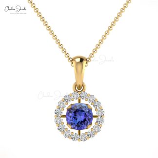 Elegant Ladies White Diamond Pendant Necklace 4mm Round Authentic Blue Tanzanite Halo Pendant in 14k Real Gold Minimalist Jewelry For Gift