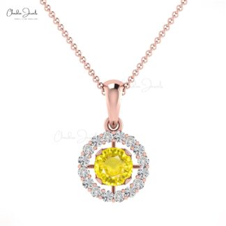 Dangle Diamond Circle Pendant With 4mm Yellow Sapphire 14k Real Gold Halo Pendant