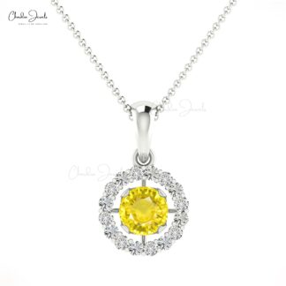Dangle Diamond Circle Pendant With 4mm Yellow Sapphire 14k Real Gold Halo Pendant