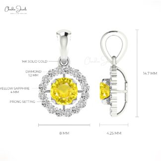 Dangle Diamond Circle Pendant With 4mm Yellow Sapphire 14k Real Gold Halo Pendant