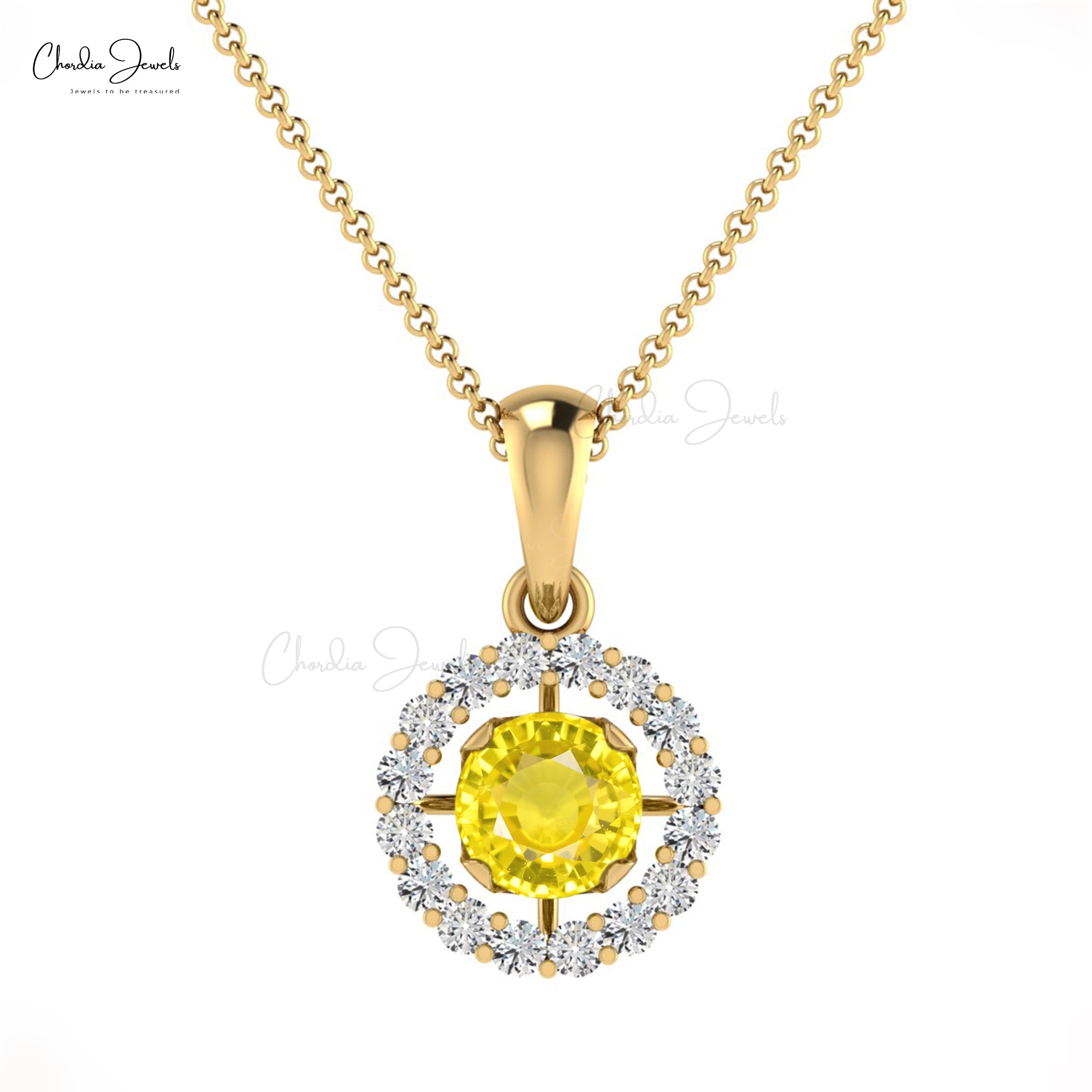 Dangle Diamond Circle Pendant With 4mm Yellow Sapphire 14k Real Gold Halo Pendant