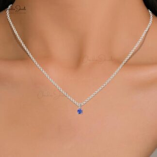 Natural Tanzanite Prong Set Dangling Pendant 6mm Cushion Cut December Birthstone Pendant 14k Solid White Gold Diamond Hallmarked Jewelry