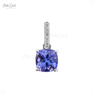 Natural Tanzanite Prong Set Dangling Pendant 6mm Cushion Cut December Birthstone Pendant 14k Solid White Gold Diamond Hallmarked Jewelry