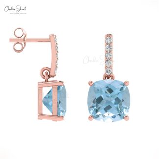 March Birthstone Aquamarine and Diamond 14K Solid Gold Dangler Earrings