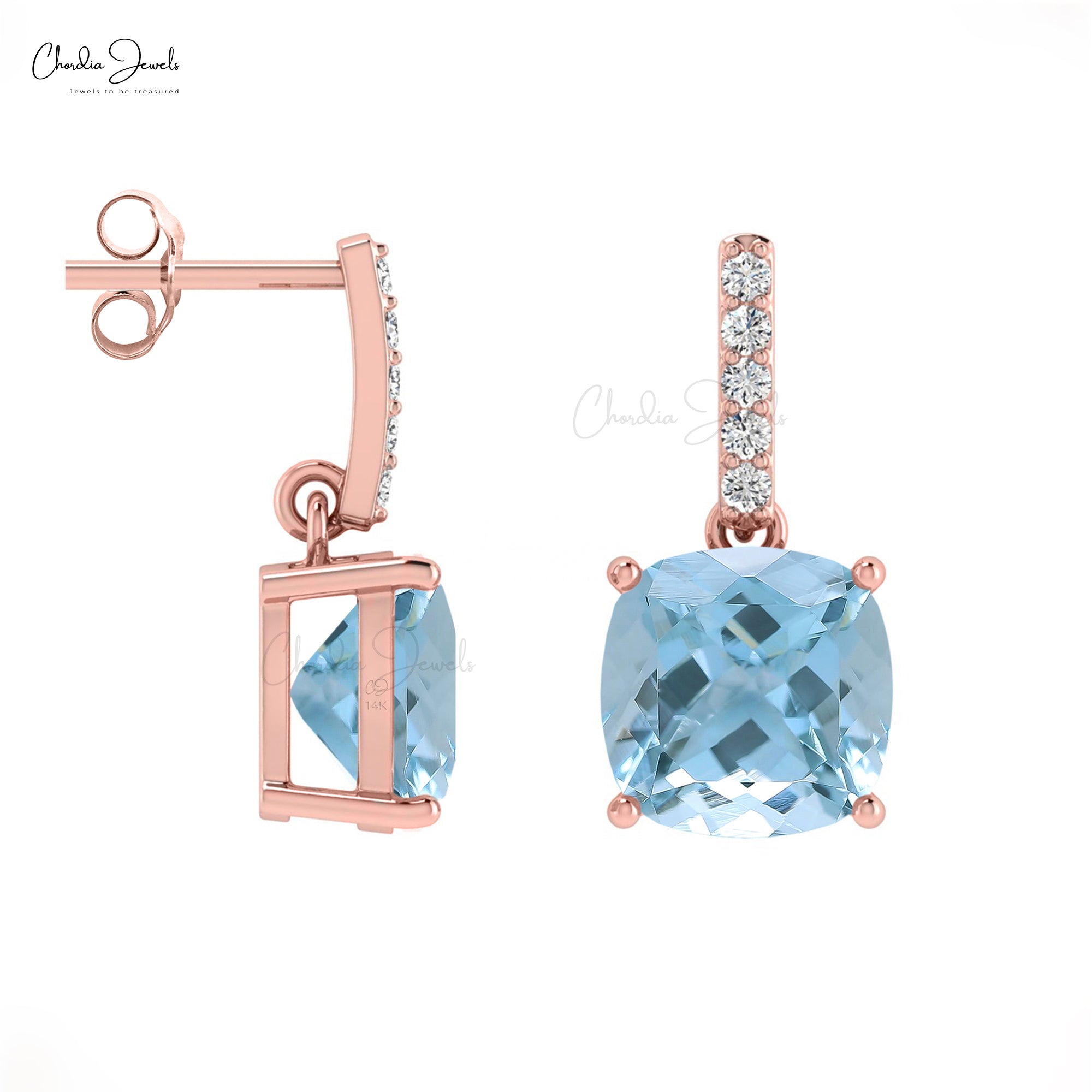 March Birthstone Aquamarine and Diamond 14K Solid Gold Dangler Earrings