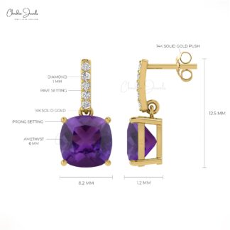 Genuine Amethyst 2.16 Ct 4-Prong Set Dangling Earrings With Push Back, 6mm Cushion Cut Gemstone Hallmarked Jewelry For Gift, 14k Solid Gold April Birthstone Diamond Earrings