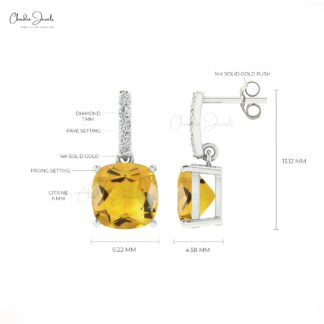 Yellow Citrine Dangle Earrings 6mm Cushion Cut Natural Gemstone Earrings 14k Real Gold G-H Diamond Grace Jewelry For Surprise Gift