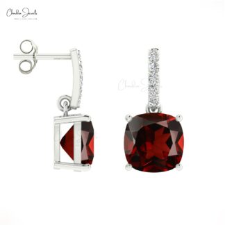January Birthstone Genuine Cushion Garnet And Diamond Dangler Earrings
