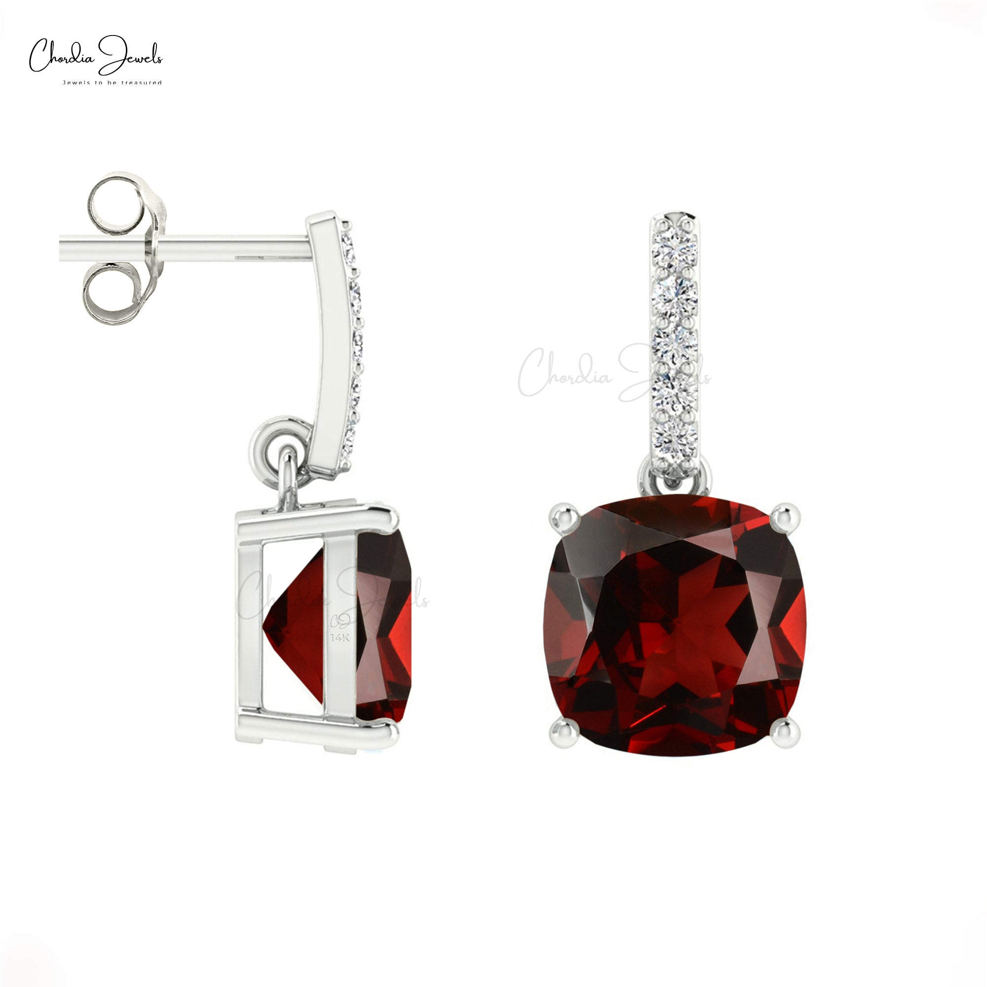 January Birthstone Genuine Cushion Garnet And Diamond Dangler Earrings