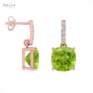 Natural Peridot Prong Set Earrings 1.42Ct Cushion Gemstone Dangling Earring 14k Real Gold Round Diamond Antique Style Jewelry For Bridal