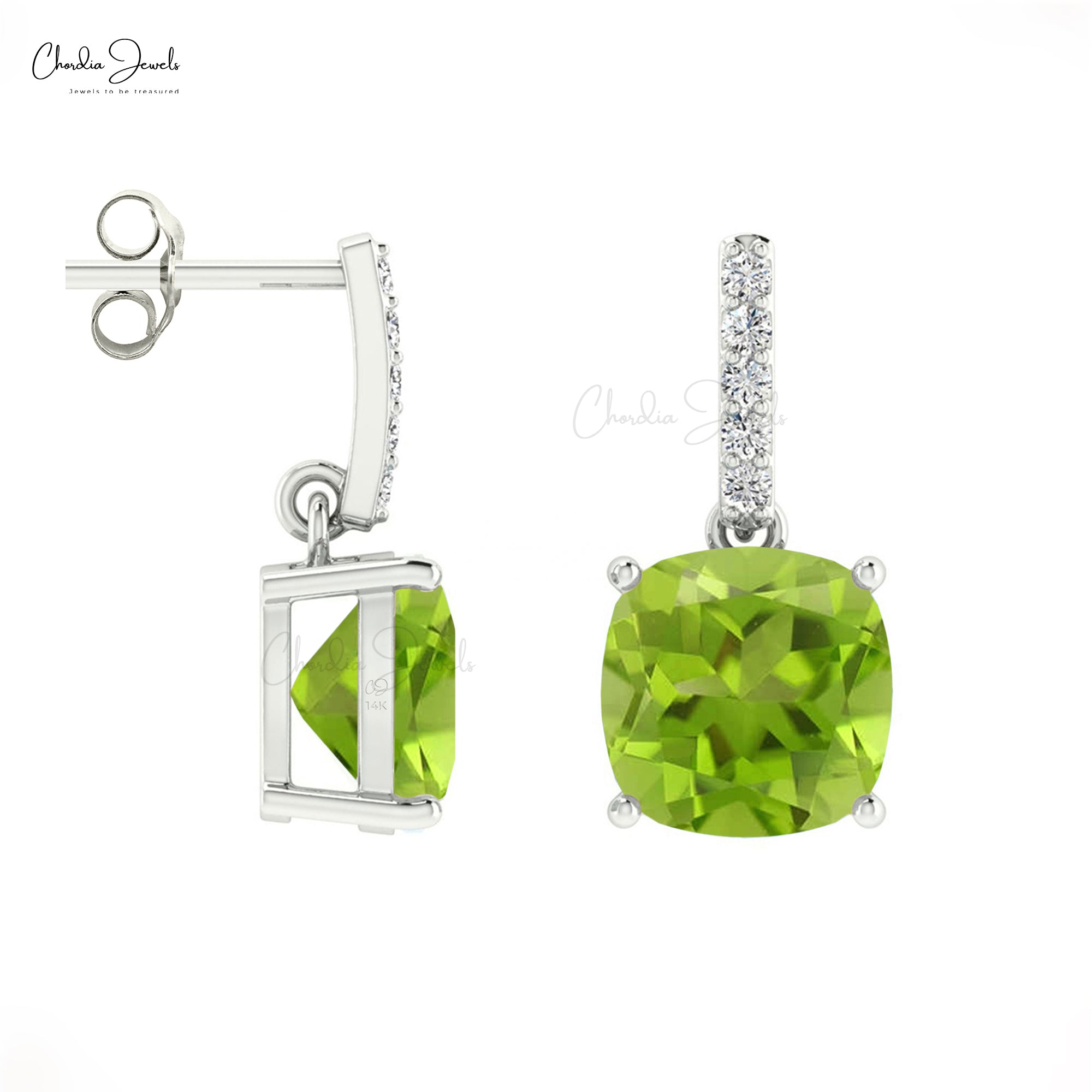 Natural Peridot Prong Set Earrings 1.42Ct Cushion Gemstone Dangling Earring 14k Real Gold Round Diamond Antique Style Jewelry For Bridal