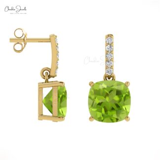 Natural Peridot Prong Set Earrings 1.42Ct Cushion Gemstone Dangling Earring 14k Real Gold Round Diamond Antique Style Jewelry For Bridal
