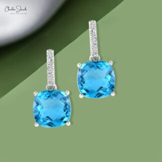 Authentic Cushion Cut Swiss Blue Topaz and Diamond Dangler Earrings in 14K Gold