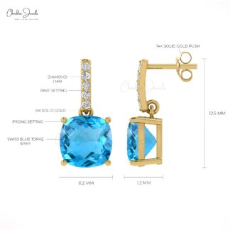 Authentic Cushion Cut Swiss Blue Topaz and Diamond Dangler Earrings in 14K Gold