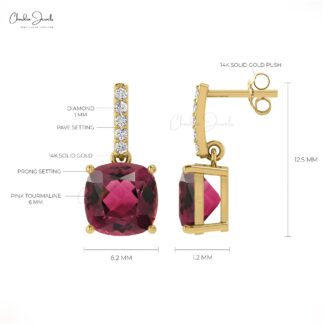 Natural 14K Gold Pink Tourmaline Diamond Dangler Earrings For Gift October Birthstone