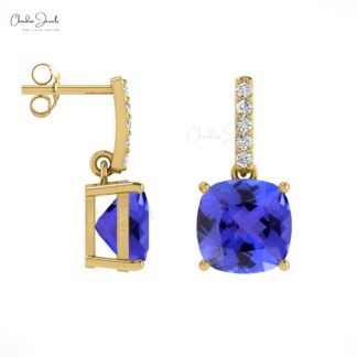 Natural Tanzanite Dangle Earrings in 14k Gold December Birthstone Cushion Cut Earrings