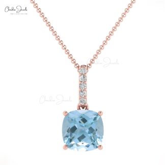 Dangle Minimalist Pendant in 14k Solid Gold Aquamarine And Diamond Women Pendant