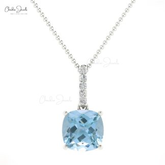 Dangle Minimalist Pendant in 14k Solid Gold Aquamarine And Diamond Women Pendant