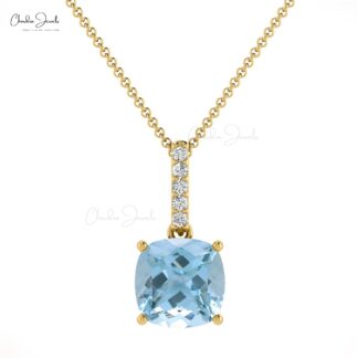 Dangle Minimalist Pendant in 14k Solid Gold Aquamarine And Diamond Women Pendant