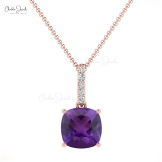 Dangle Minimal Pendant With 6mm Cushion Amethyst Diamond Pendant In 14k Solid Gold