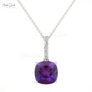 Dangle Minimal Pendant With 6mm Cushion Amethyst Diamond Pendant In 14k Solid Gold