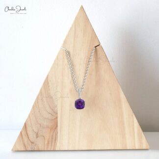 Dangle Minimal Pendant With 6mm Cushion Amethyst Diamond Pendant In 14k Solid Gold