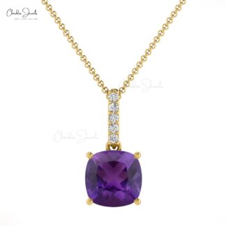 Dangle Minimal Pendant With 6mm Cushion Amethyst Diamond Pendant In 14k Solid Gold