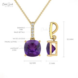 Dangle Minimal Pendant With 6mm Cushion Amethyst Diamond Pendant In 14k Solid Gold