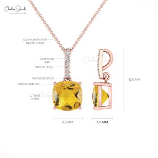 Diamond Bar Dangle Pendant In 14k Solid Gold Citrine 6mm Gemstone Necklace