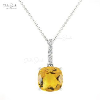 Diamond Bar Dangle Pendant In 14k Solid Gold Citrine 6mm Gemstone Necklace