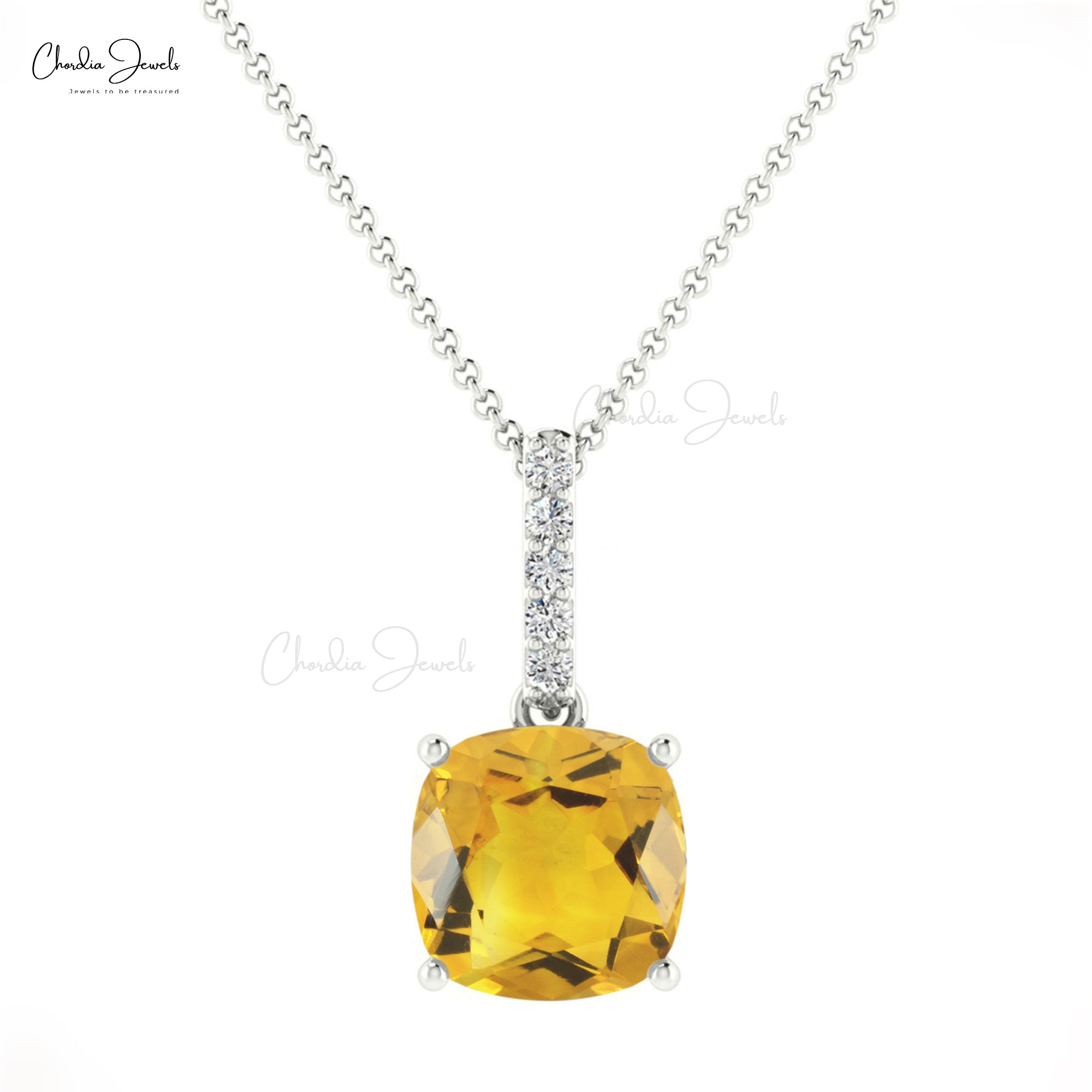 Diamond Bar Dangle Pendant In 14k Solid Gold Citrine 6mm Gemstone Necklace