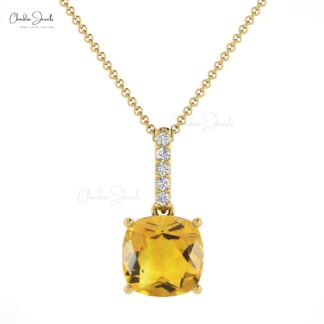 Diamond Bar Dangle Pendant In 14k Solid Gold Citrine 6mm Gemstone Necklace