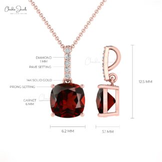 Solid 14k Gold Dangle Pendant With 6mm Cushion Red Garnet Diamond Bar Unique Pendant